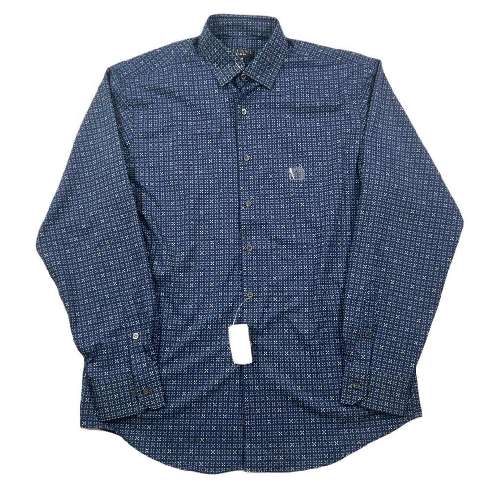 Alfani Geo-Print Dress Shirt Mens Medium 15-15.5 34-35 Navy Blue‎ Travel NEW